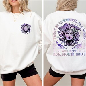 two pictures of a woman wearing a white sweatshirt