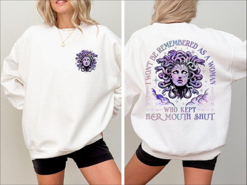 two pictures of a woman wearing a white sweatshirt