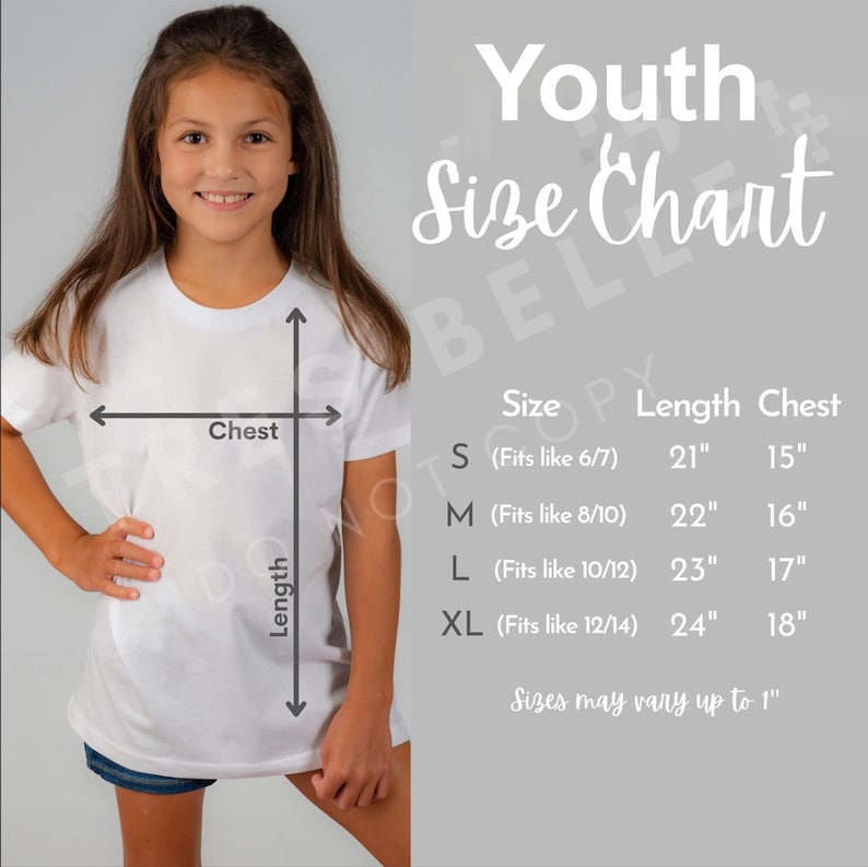 Puede incluir: Tabla de tallas para camisetas para ni&ntilde;os con medidas en pulgadas para el pecho y la longitud. Las tallas van de la S (se ajusta como 6/7) a la XL (se ajusta como 12/14). Las tallas pueden variar hasta 1 pulgada.