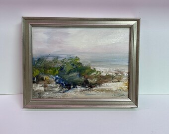 Beach Original Oil Painting-Summer Sands- overall size (7x9 inches) Framed - Silver Gray