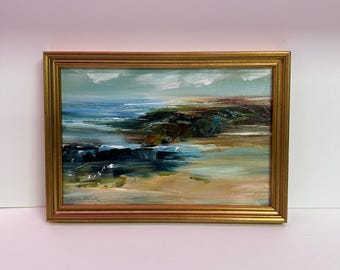 Framed Beach Oil Painting: Abstract  Seaside - Gold Frame, 7x10 Inches