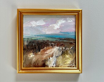 Hillside Landscape Original-Impressionist Art-Distant Landscape Art-Original Painting mesure env. 7 x 7 pouces, cadre compris