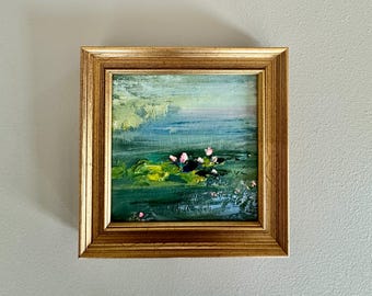LIilypond Oil Painting- 5 x 5- Peaceful lilypond-overall framed size 6-1/2 x6-1/2 inches