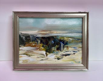 Beach Original Oil Painting-Rocky Cliffs - overall size (7x9 inches) Framed - Silver Gray