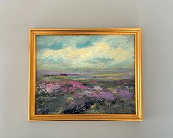 Purple Summer- Landscape Original Painting- Painting-9 x 11 including frame size- Original Framed Painting-  gold custom framing