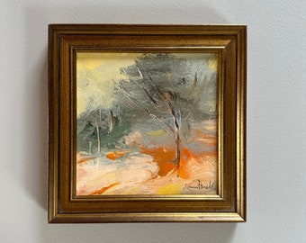 Peinture à l'huile originale paysage orange lueur-encadré 5 x 5 paysage-peinture encadré-taille encadrée 6-1/4 x 6-1/4 pouces