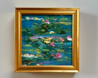 Tapisserie - Lily pond Peinture originale - Encadrée - peinte sur panneau - 7 x 7 pouces taille globale incluant le cadre - Prête à accrocher