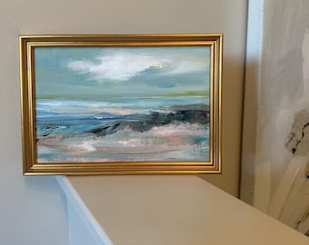 Pink Beach Sand Oil Painting: Gold Frame, Original Art
