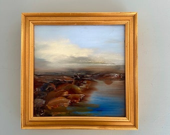 Small Beach Oil- Original Oil Painting- Painting measures 6 x 6- overall framed size is 7-1/2 x 7 -1/2  including frame size-Deep gold frame