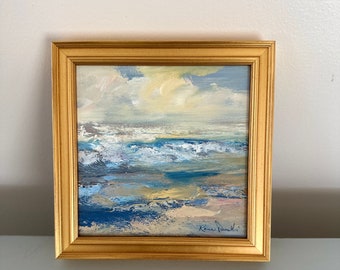 Surf pastel - peinture à l'huile originale - mesure 6 x 6 - la taille totale du cadre est de 7-1/2 x 7 -1/2 y compris la taille du cadre-cadre doré foncé