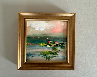 LIilypond Oil Painting- 5 x 5- minimalist lilypond-overall framed size 6-1/2 x6-1/2 inches