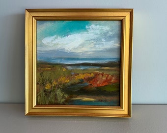 Beach Painting-Warm Marsh- Original Oil Painting- measures 6 x 6- overall framed size is 7-1/2 x 7 -1/2  including frame size-gold frame