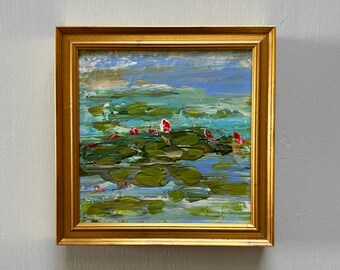 Lilyflowers in  a Row Painting- Original Painting- Framed - painted on panel - 7 x 7  inches overall size including Frame- Ready to Hang