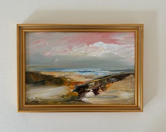 Framed Beach Bridge Oil Painting: Small Gold Frame, 7x10 Inches