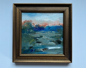 Soleil derrière les arbres-Petit paysage Peinture à l’huile originale- Encadré 5 x 5 Paysage- Peinture encadrée-taille encadrée globale 6-1/4 x 6-1/4 pouces