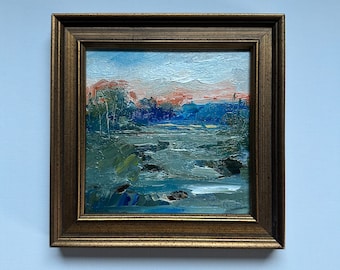 Peinture à l'huile encadrée : soleil au-dessus des arbres, petit paysage impressionniste (5 x 5 po.)