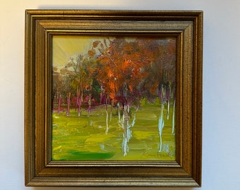 Colorful Trees-Small Landscape Original Oil Painting- Framed 5 x 5 Landscape- Painting Framed-overall framed size 6-1/4 x 6-1/4 inches