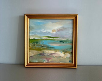 Marsh Painting- Original Oil Beach Painting-Art-Painting measures approx. 7 x 7  inches including Frame-Ready to Hang