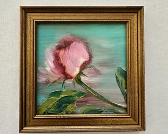 Dreamy Peony Painting: Original Small Framed Acrylic Art (5x5 in)