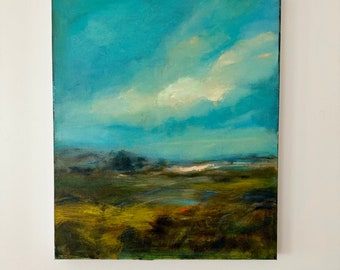 Landscape Painting-24 x 18- Teal and Gold-Original - Contemporary Art-1-5/8" Painted Sides-Ready to Hang-Painted Grey Edge