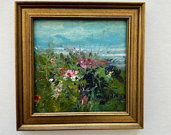 Original Framed Ocean Garden Painting: Small Acrylic Landscape (5x5 in)
