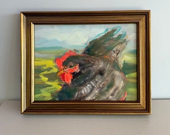 Black Chicken in  Landscape Painting-Original Oil Painting 6 x 8 Hardboard Panel -  Framed overall size 7-1/2 x 9-1/2- Ready to Hang