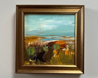 Modern Beach- Original Painting- Painting measures 6 x 6- overall framed size is 7-1/2 x 7 -1/2  including frame size-Deep gold frame