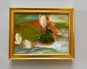 Original Oil Painting: Modern Lilypond, Gold Frame, 7x9 Inches
