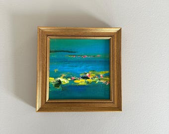 Small Oil Painting- 5 x 5- minimalist lilypond-overall framed size 6-1/2 x6-1/2 inches