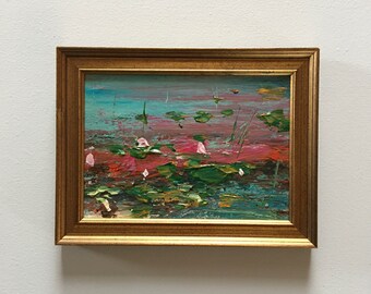 Pink Pond with Lilypads- 5 x 7 -Lilypond Abstract Painting - Original- 5 x 7 Painting overall framed size 6-1/2 x 8-1/2