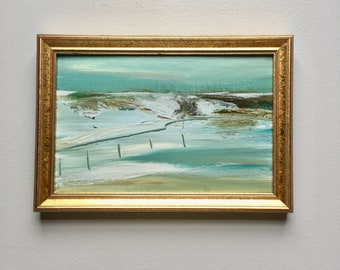 Winter Seaside- Small Beach Painting- Original- Contemporary -Painting measures approx. 5-3/4  x 8-1/2  inches including Gold Frame