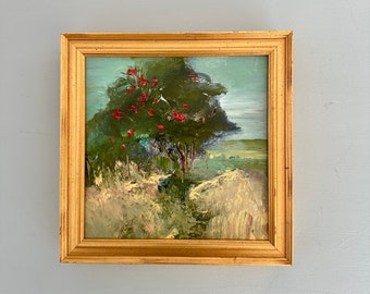 Apple Tree Painting - Original Oil Painting- measures 6 x 6- overall framed size is 7-1/2 x 7 -1/2  including frame size-Deep gold frame