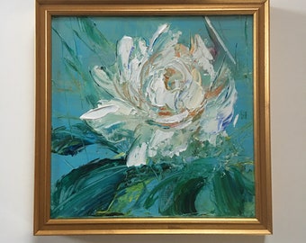 Peony Rose  Painting- One White Peony - Original  Painting- Framed- approx. 11 x 11  inches including Gold Frame- Ready to Hang-Custom Frame