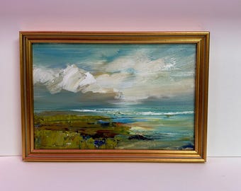 Framed Beach Oil Painting: Big Clouds - Gold Frame, 7x10 Inches
