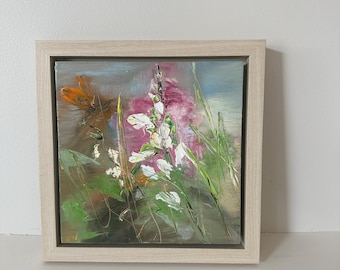 Original Oil Painting: Wildflowers and Butterfly, Framed & Ready to Hang