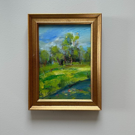 Lilypond Landscape Oil Painting: Impressionistic Art in Gold Frame (7x5)