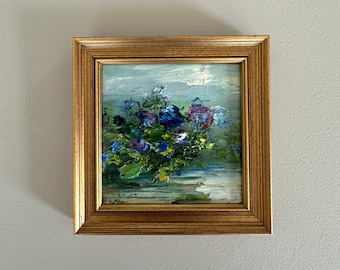Original Oil Painting: Hydrangeas & White Sand – Textured Impressionistic Art (6-1/2 x 6-1/2")