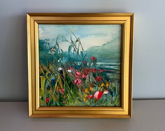 WildFlowers by the Beach -Original Oil Painting-approx. 7 x 7 inches including Frame- Gold Frame- Small Painting-thick Impressionistic Paint