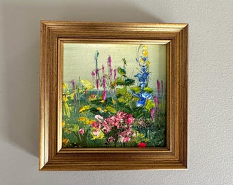 Small Oil Painting- 5 x 5- Impressionist Garden-overall framed size 6-1/2 x6-1/2 inches