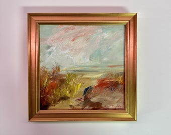 Beach Oil Painting - Colorful Grasses-Gold Frame,  overall size 7 x 7