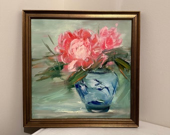 Peonies in Blue Vase-  Original 12 x 12 Oil Painting- Painting-measures approx 14 x 14  including frame size- Original Framed Painting