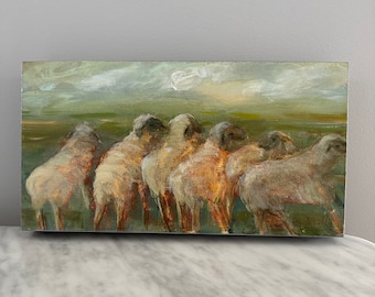 Peinture de paysage six moutons-Peinture originale- Panneau bercé - Peint 1-1/2" bord peint-6 x 12 peinture- Prêt à accrocher-Acrylique