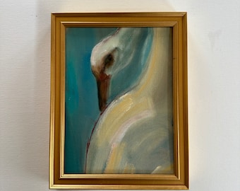 Swan Looking At You-  Small original oil painting-Framed - approx.  9 x 7 inches including Frame- Gold Frame-Oil painting