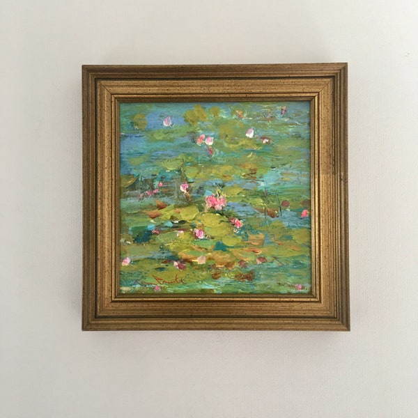 Lilypads 5 x 5  Flower Painting- Original- Framed Painting- -approx. 6-1/2 x 6-1/2 overall size  including Frame- Impressionistic Art