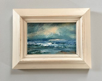 4 x 6 Ocean Painting- Framed in Distressed Wood Frame- Original Painting-approx. 6-1/2 3 8-3/4 inches overall size  including Frame