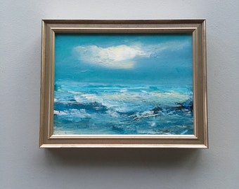 Beach Study- Original Oil Painting-approx. 7 x 9 inches including Frame-Silver Gray- Small Painting- Framed-Light Blue and White