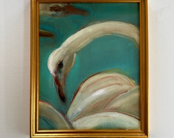 Cygne élégant : peinture à l'huile originale avec cadre doré (11 x 9)