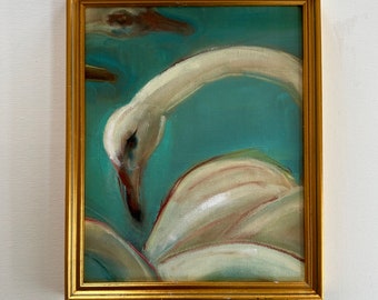 Swan Painting- Framed-  Original Oil Painting- Painting-11 x 9 including frame size- Original Framed Painting-gold custom framing