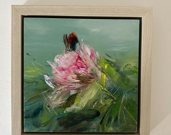 Peony and Butterfly Oil Painting: Framed Floral Art, 9.75x9.75