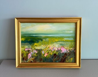 Beachside  Landscape- Small original oil painting-Framed - approx.  7 x 9 inches including Frame- Gold Frame-textured Oil painting